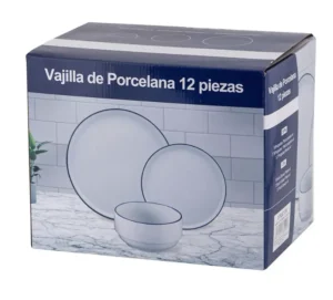 Juego de vajilla de cerámica de borde azul de 12 piezas
